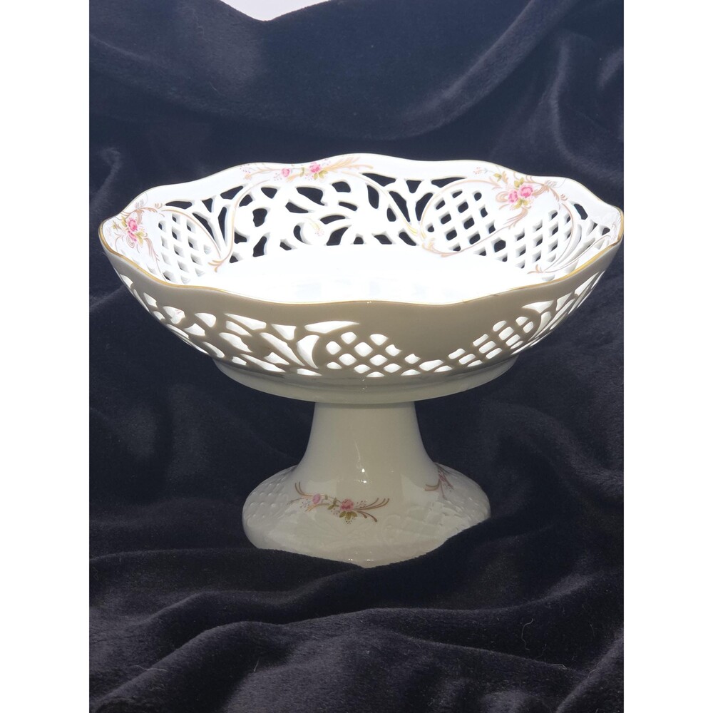 Vintage Schumann Bavaria Reticulated Porcelain Compote Bowl | Pink Roses Pierced